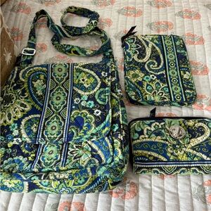 Vera Bradley Blue and Green Paisley Backpack Set Rhythm pattern 3 pieces
